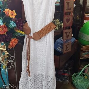 White Lace Dress with Brown Woven Belt